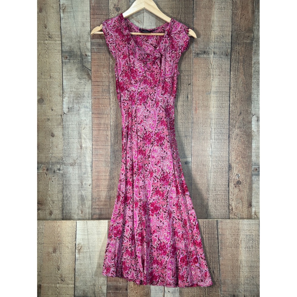 Angie Pink Paisley Ruffle V-Neck Cap Sleeve Midi Dress Medium Boho Romantic Y2K